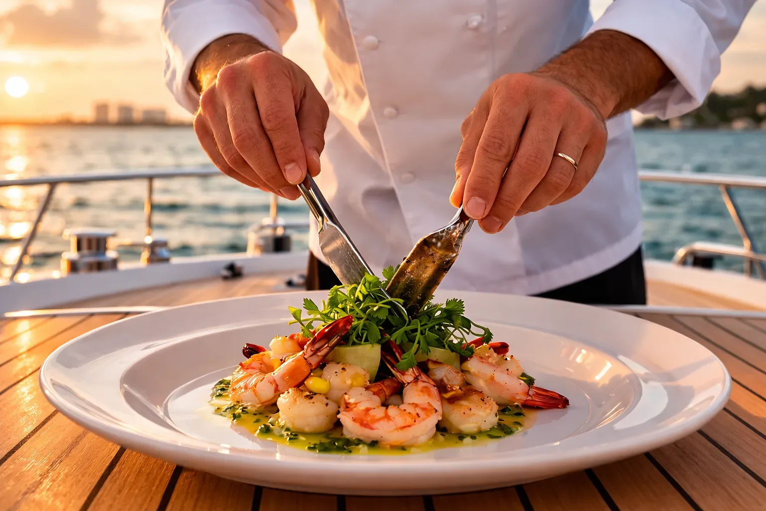 Private yacht chef preparing gourmet dish on a luxury yacht in Miami