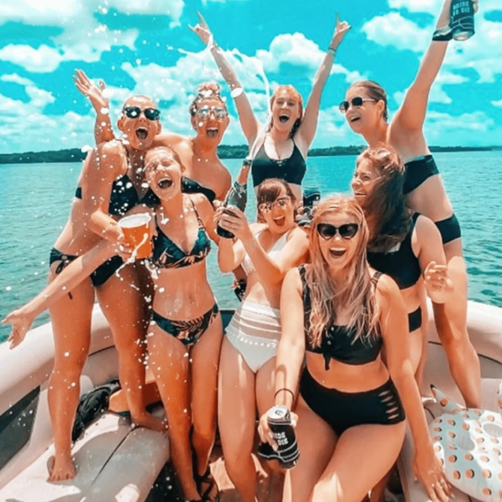 Bachelorette yacht decoration with flowers and balloons in Miami