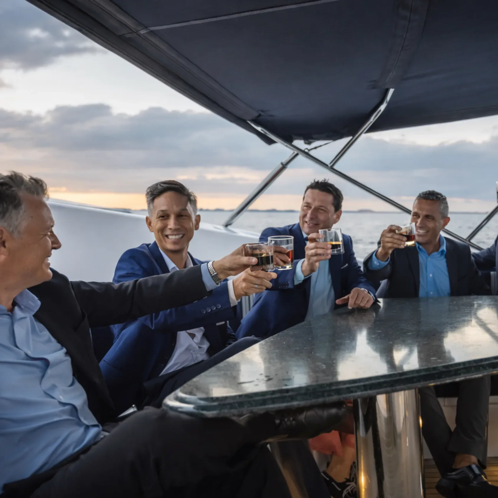 Business professionals toasting on yacht