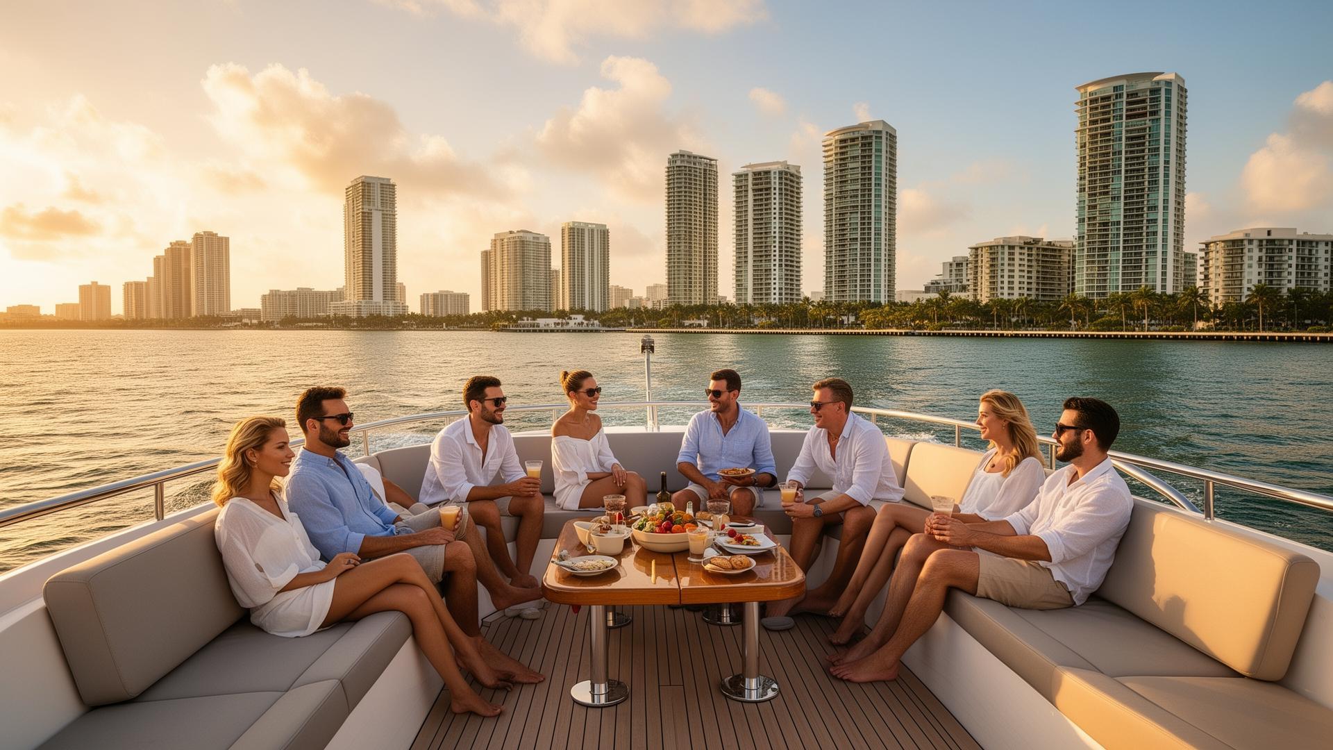 yacht charter in miami with guests relaxing near the Miami skyline