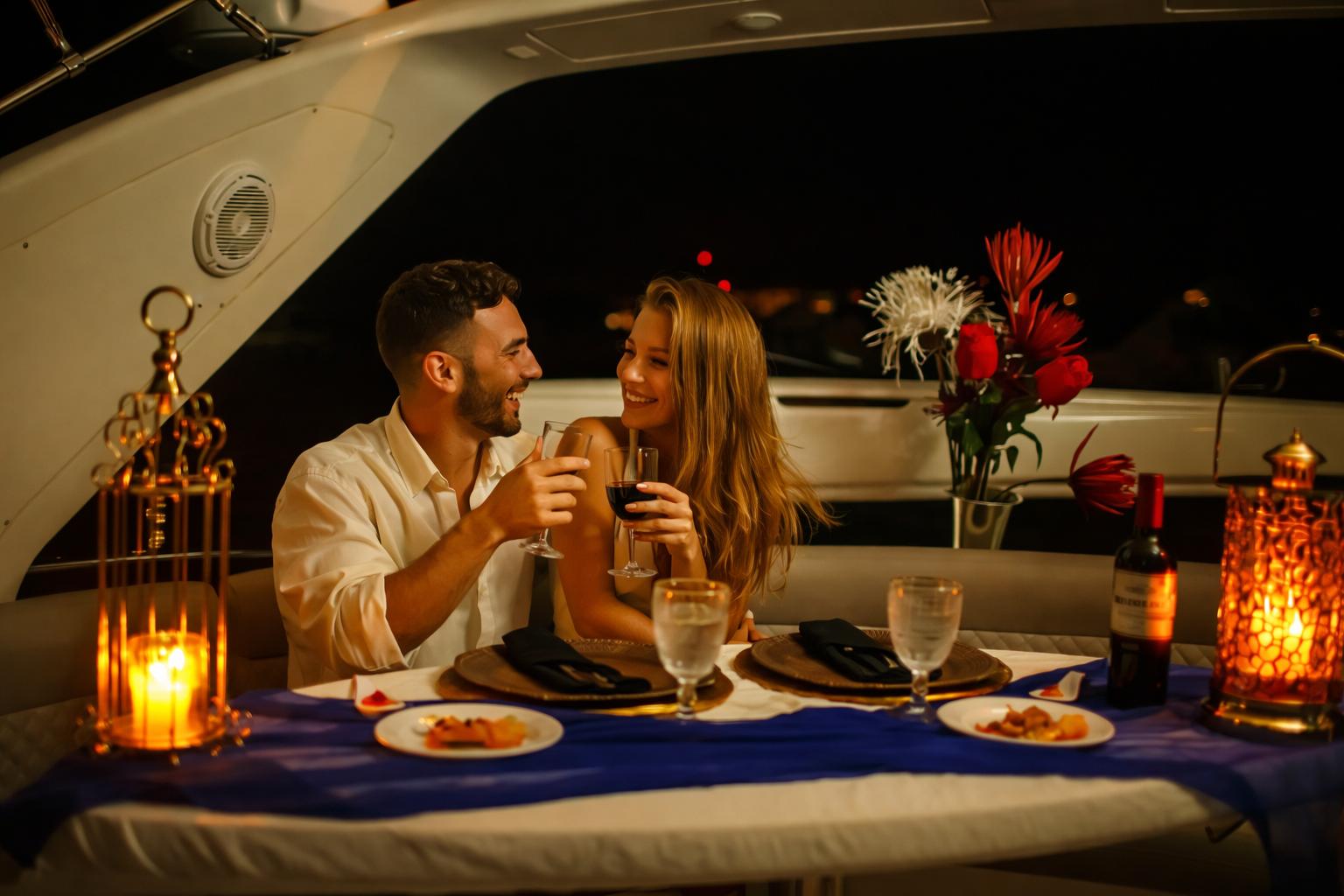 couple enjoying a private sunset dinner cruise on a yacht in miami