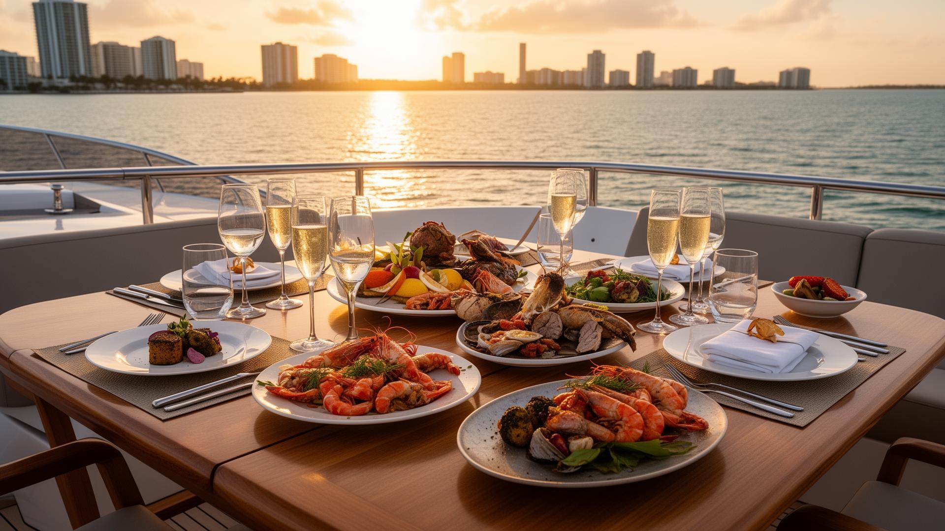 Luxury yacht catering setup with gourmet food and champagne in Miami