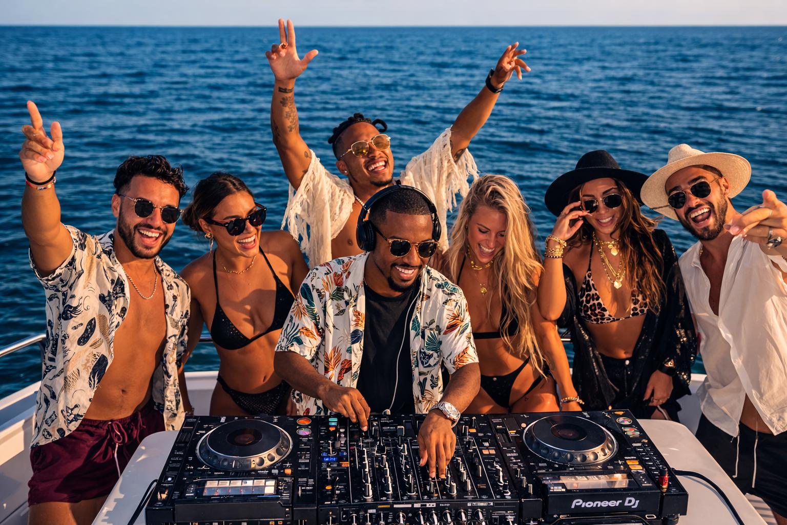 Professional DJ performing on a luxury yacht in Miami with guests dancing