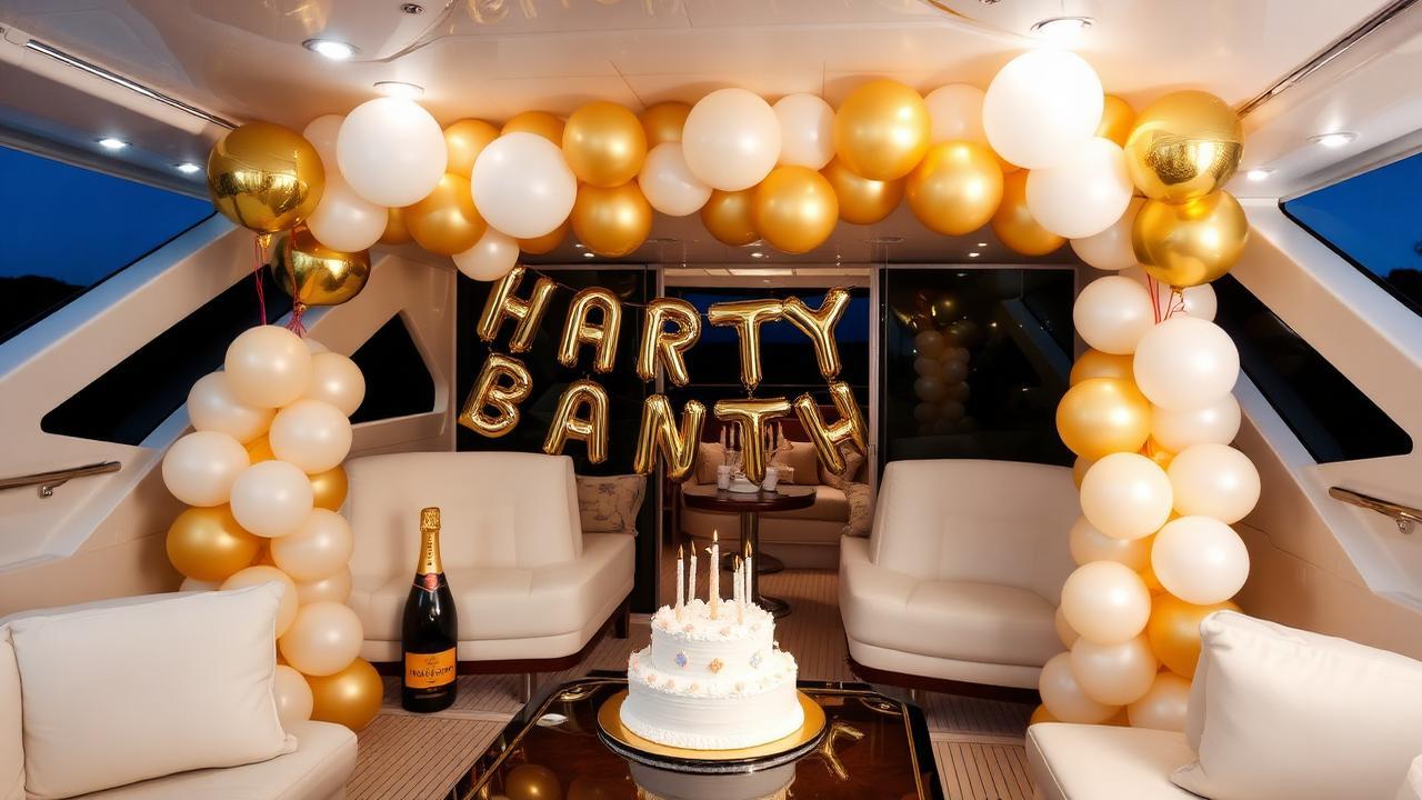 birthday party on a miami yacht with group celebrating and decorations on the water