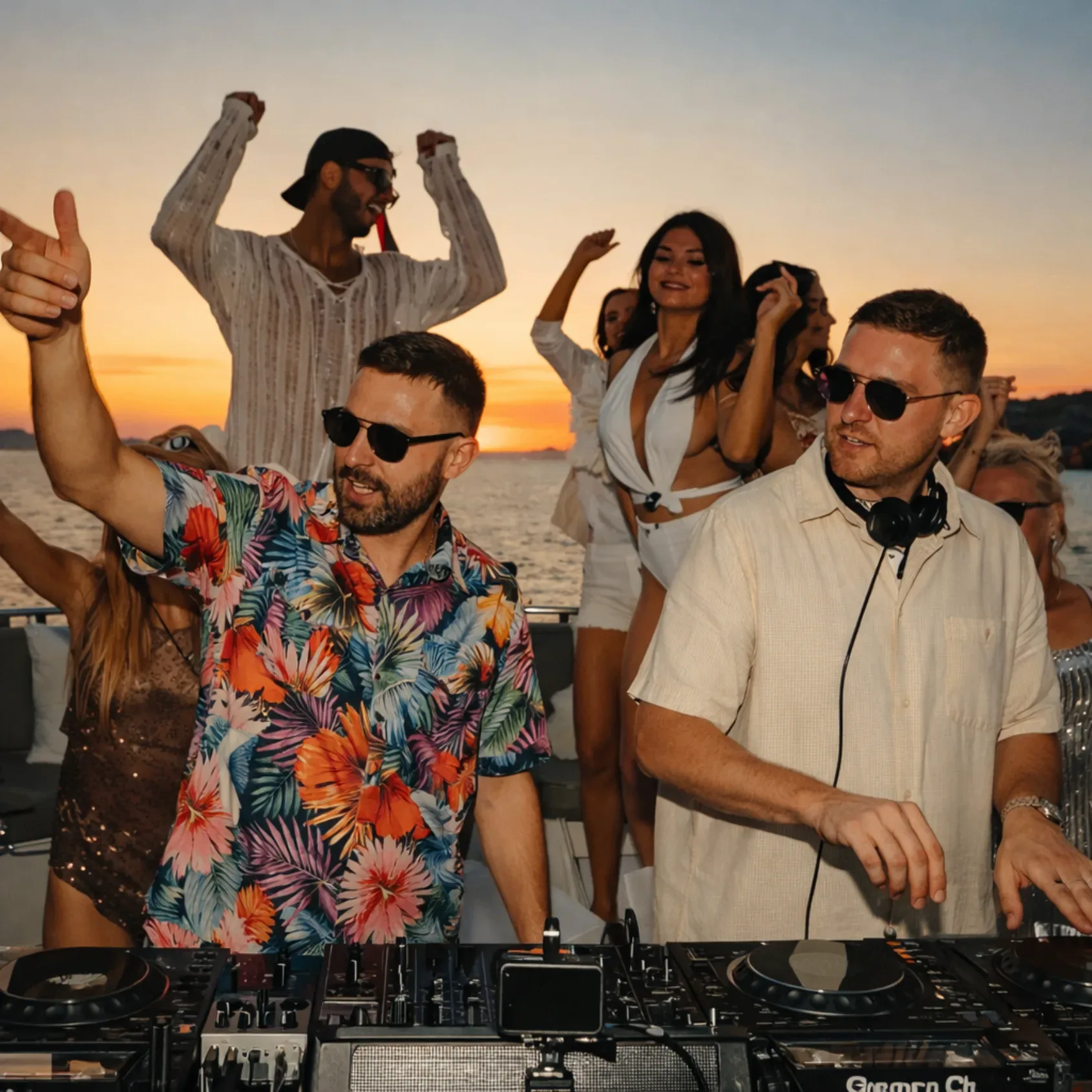 DJ playing music at a sunset yacht party in Miami