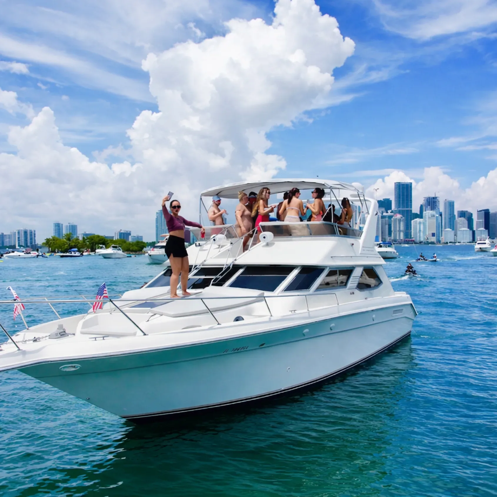 Friends on a party yacht in Miami with skyline views