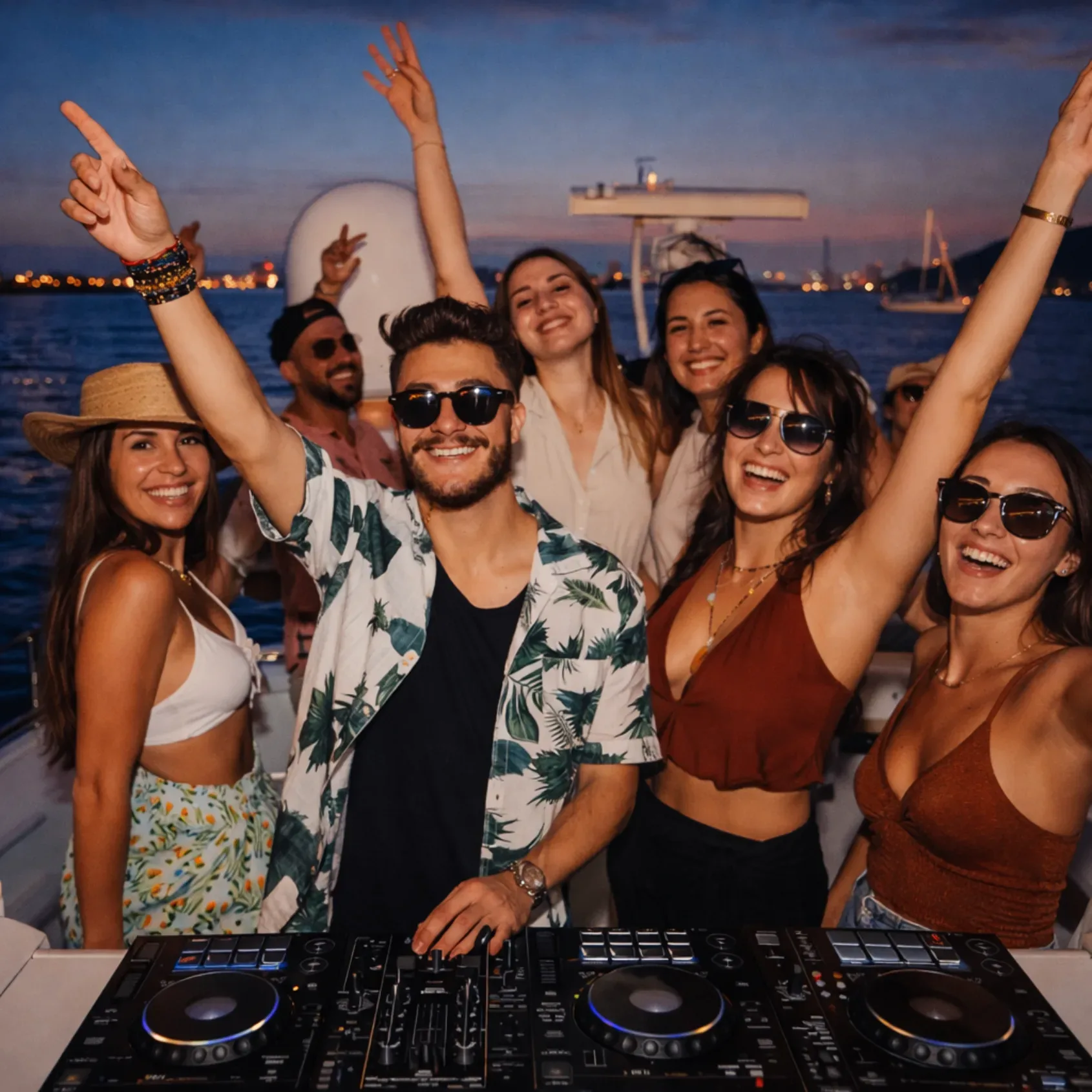 Friends partying on a Miami yacht at night with DJ