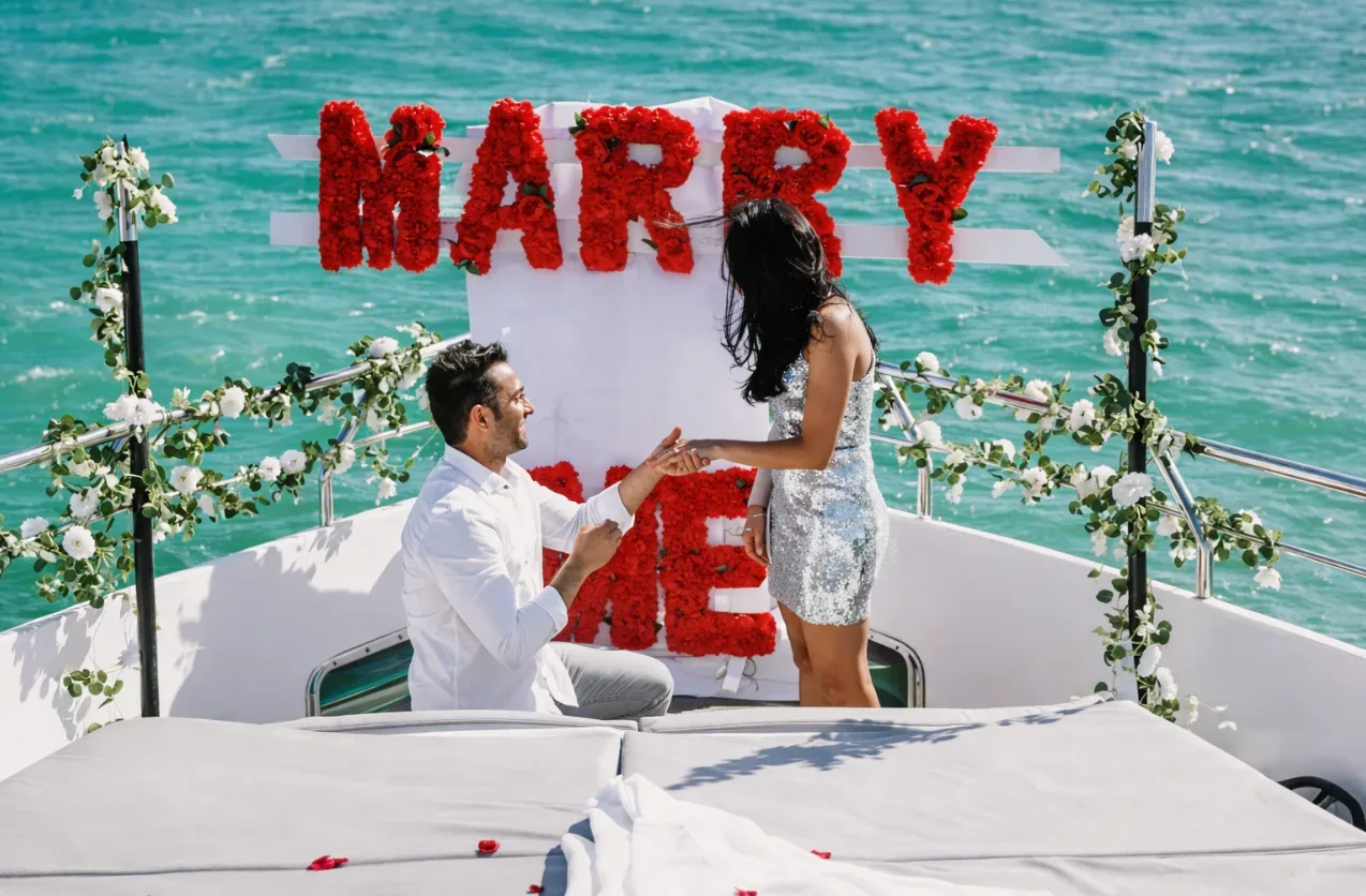 Marriage Proposal on a Yacht Miami — Crown Yachts proposal on a yacht miami with roses and champagne on the deck at sunset