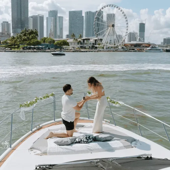 Romantic yacht proposal in Miami with skyline views