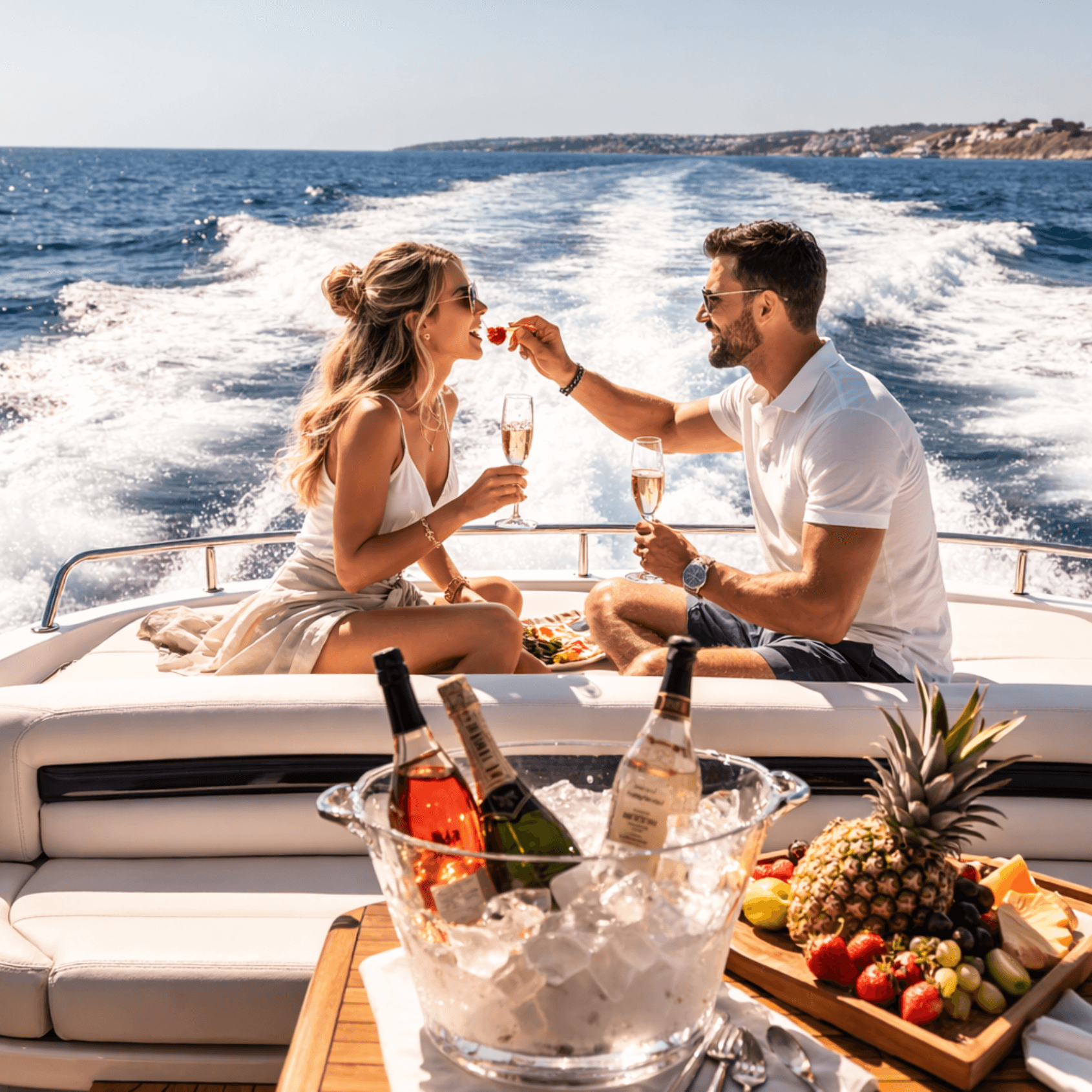 Couple enjoying champagne and fruits on yacht