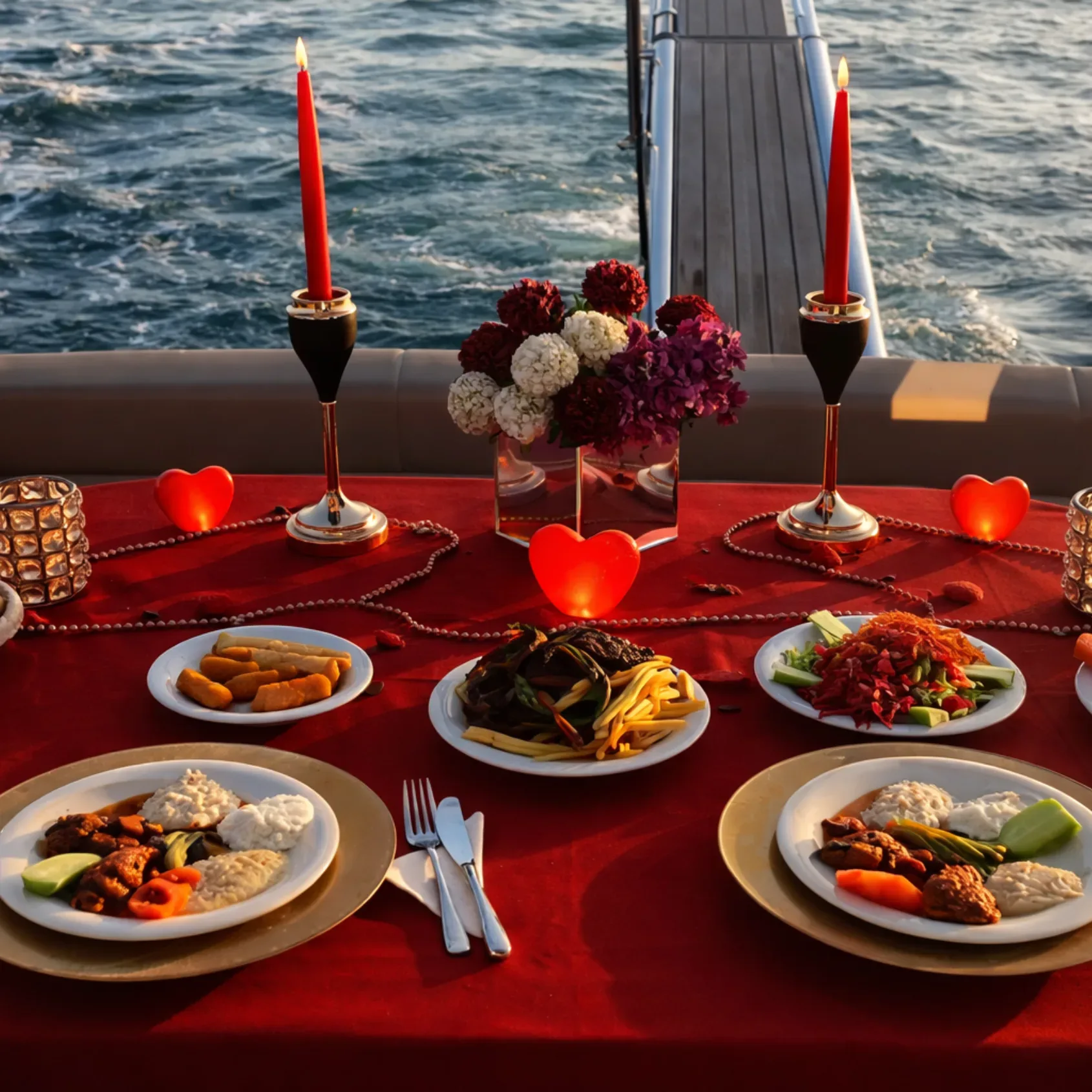 Romantic candlelit dinner table on a yacht in Miami
