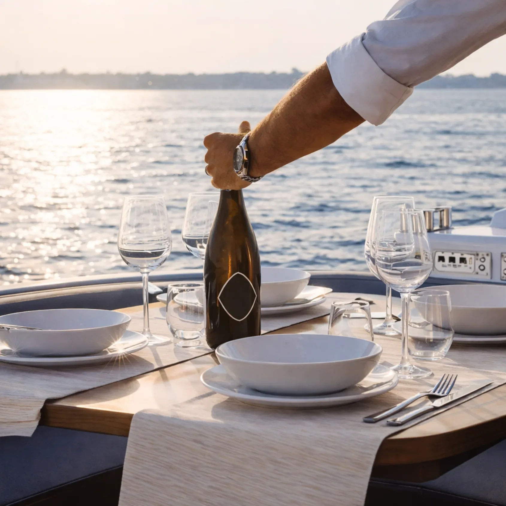 Wine service on yacht deck at golden hour