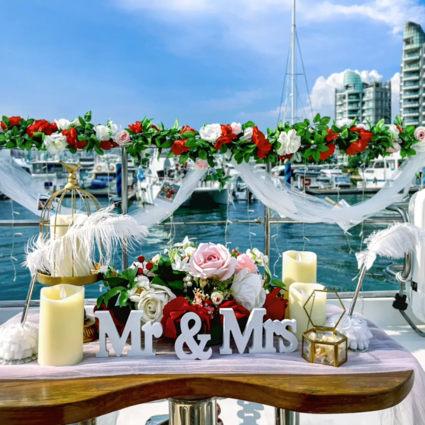 Mr and Mrs wedding decoration on yacht