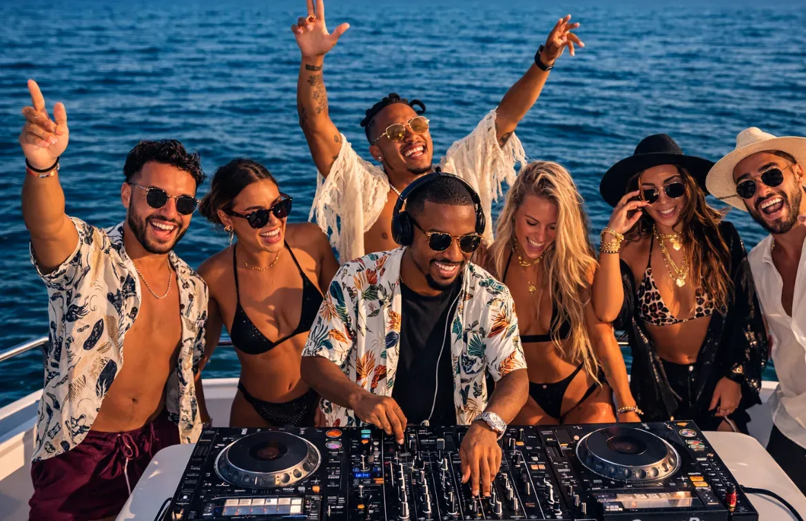 Yacht party in Miami with skyline views