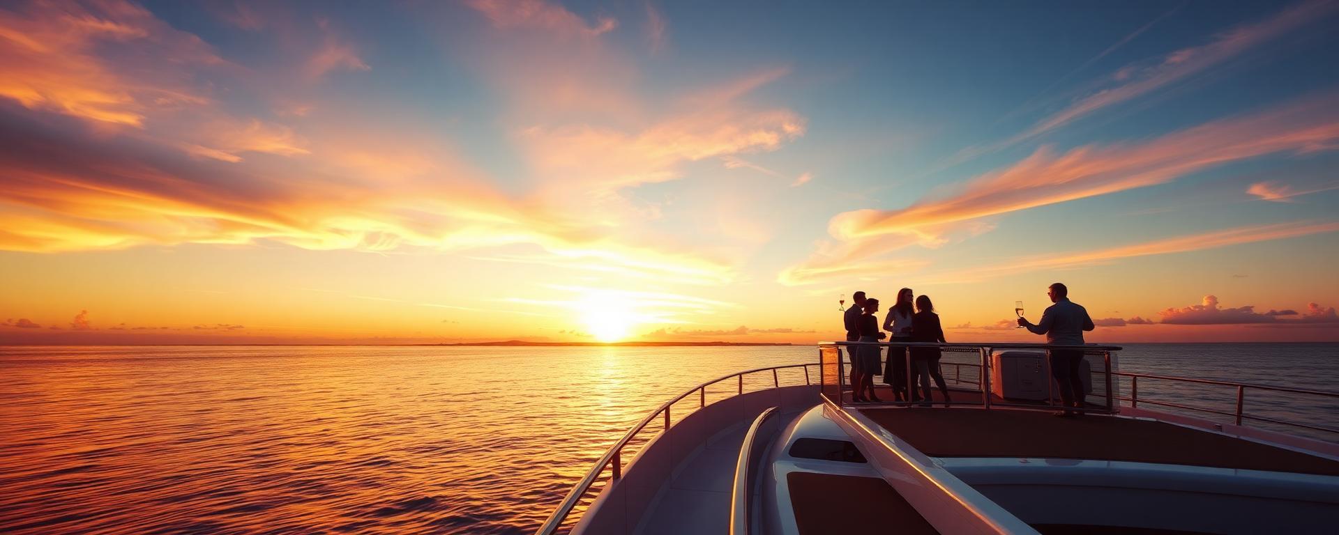 Miami Yacht Charter at Sunset — Crown Yachts yacht departing from miami at sunset with biscayne bay and miami skyline visible
